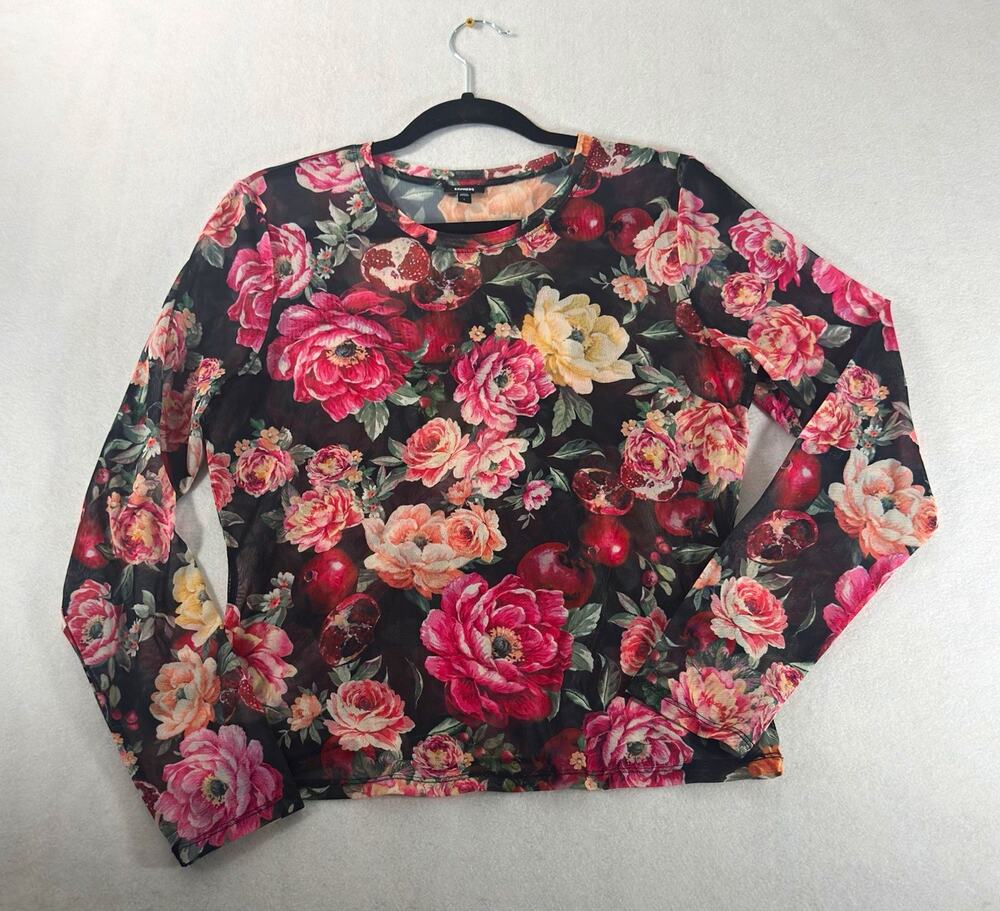 Express L Floral Pomegranate Sheer Mesh Long Sleeve Top